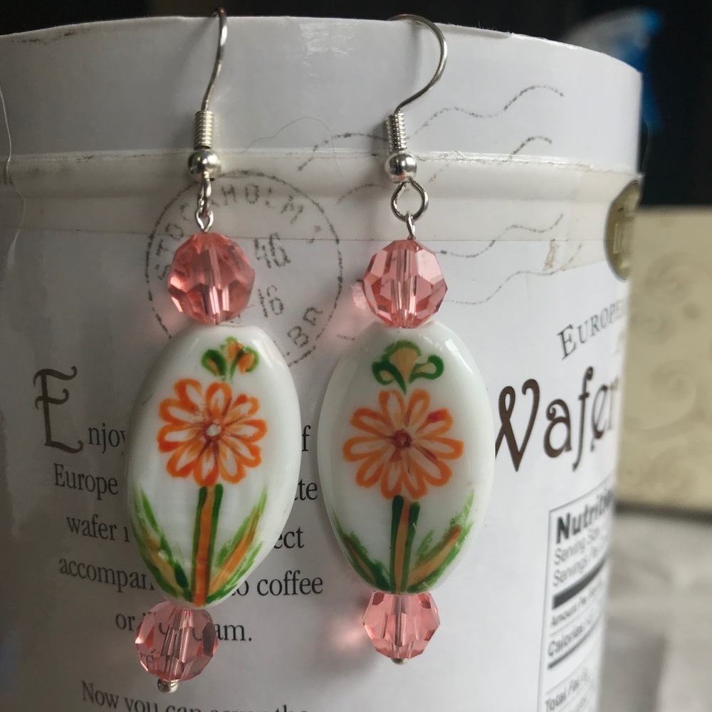 Handmade/painted drop earrings w/crystal